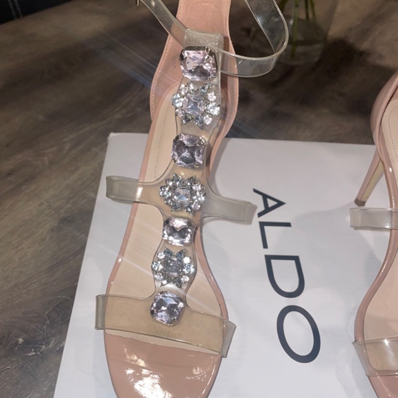 ALDO Montesegale Soft Pink Crystal Clear Strap Open-Toe Pumps Size 8 - Picture 3 of 13